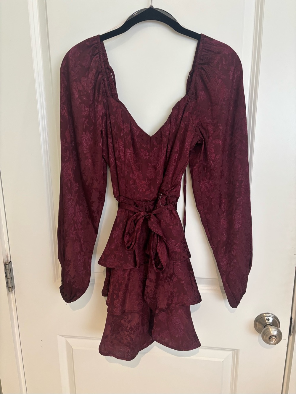 Trixxi Burgundy Long-Sleeve Ruffle Wrap Mini Dress